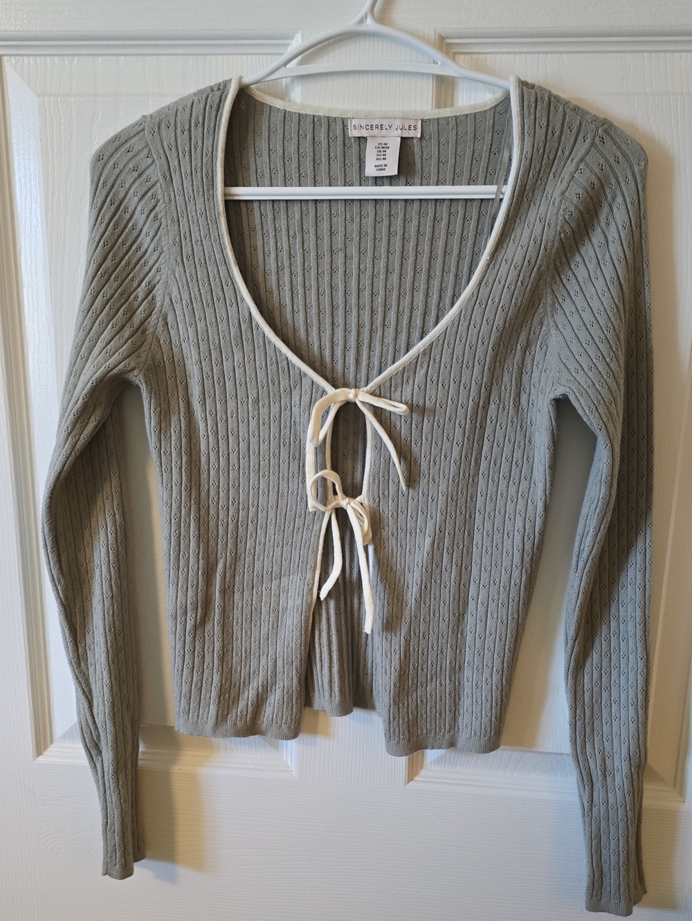 Sincerely Jules Sage Green Knit Tie-Front Top with Cream Trim